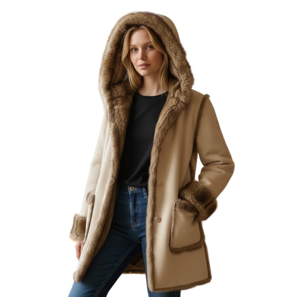 Dennis Basso Womens Faux Suede Fur Hooded Coat Tan Cream Small RN98393